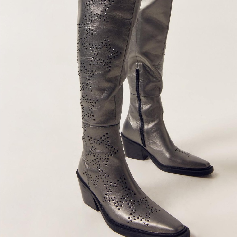 NASTY GAL, Genuine Leather, Gun Metal, Star studded Over the knee high Boots